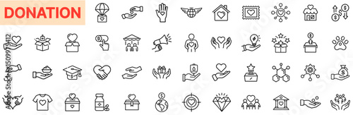 Donation and Charity Support Line Icon Design Featuring Giving Hands, Heart Symbols, Gift Boxes, Fundraising Icons, Help Centers, Contribution Platforms, Nonprofit Organizations, and Social Welfare Se