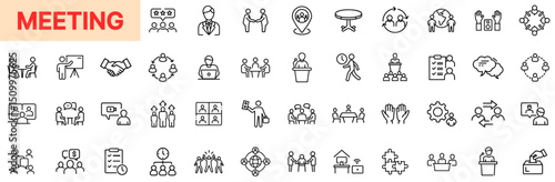 Meeting and Business Collaboration Line Icon Design Featuring Group Discussions, Planning Sessions, Conference Tables, Speaker Presentations, Strategy Talks, Agenda Notes, Remote Meetings, and Team De