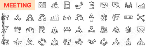 Meeting and Collaboration Line Icon Design Featuring Team Discussions, Business Planning, Group Presentations, Video Calls, Conference Tables, Organizational Charts, Speaker Sessions, and Strategic De