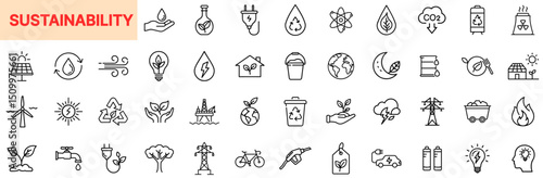 Sustainability and Environmental Conservation Line Icon Design Featuring Renewable Energy, Recycling Symbols, Clean Water, Green Homes, Nature Protection, Eco Transport, Climate Action, and Organic Re
