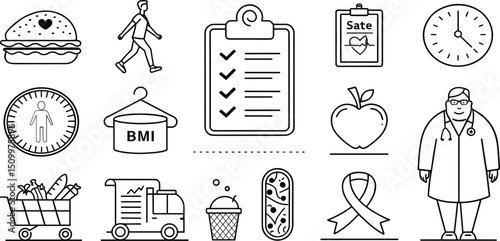 Healthy Lifestyle Icon Set: Nutrition, Exercise, Medical, and Wellness Symbols for Balanced Living and Healthcare Insights - Vector Illustration