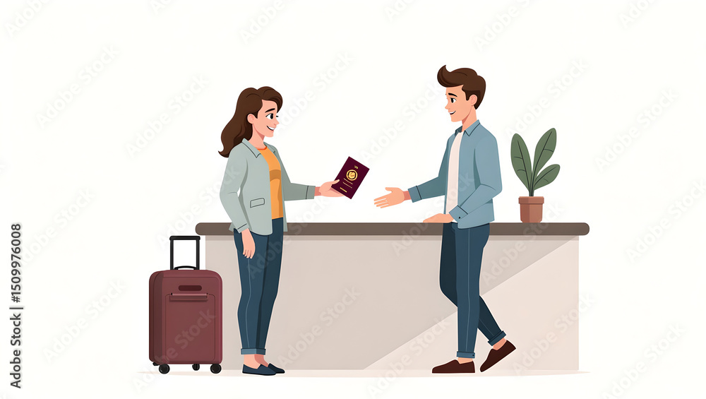 Obraz premium Pixel Art Travel Check in Man and Woman at Reception Desk