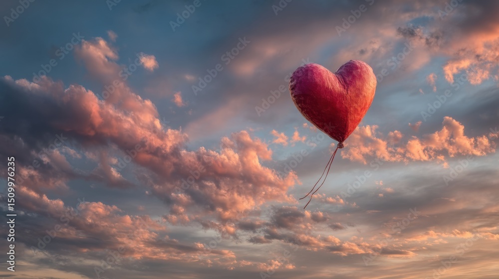 Fototapeta premium Heart-shaped balloon floating in colorful sunset sky nature photography emotional atmosphere scenic view