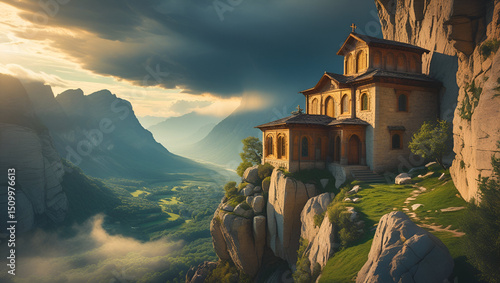 Isolated monastery on a mountain cliff 