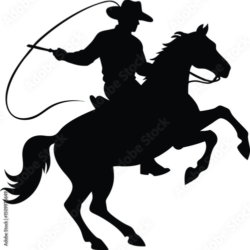 Cowboy riding horse with lasso silhouette isolated on white background