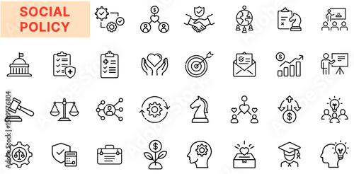 Social Policy and Public Welfare Line Icon Design Featuring Government Buildings, Handshake Agreements, Justice Scales, Heart Care Symbols, Strategy Pieces, Growth Charts, Target Goals, Policy Documen