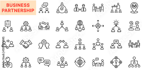 Business Partnership and Corporate Collaboration Line Icon Design Featuring Handshakes, Group Meetings, Team Discussions, Global Networking, Flow Charts, Idea Exchanges, Strategic Alliances