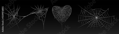Halloween old spooky cobweb with various sizes and shapes. Old spider web set vector illustration dark gothic decoration for holidays. Corner spider net insect thread cobweb scary frames.