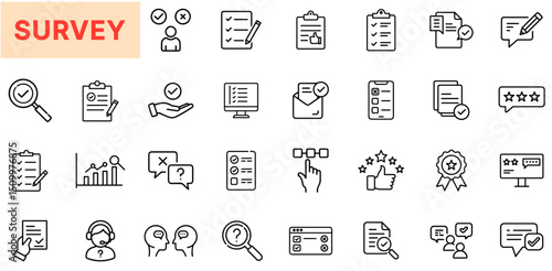Survey and Customer Feedback Line Icon Design Featuring Checklists, Rating Stars, Poll Forms, Question Marks, Magnifying Glasses, Bar Charts, User Dialogues, Speech Bubbles, Review Badges, Online Vote
