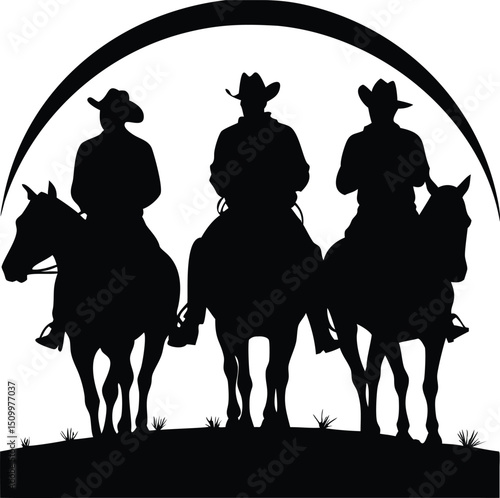 Three cowboys riding horses in silhouette isolated on white background
