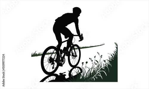 Cyclist silhouette riding bicycle countryside road