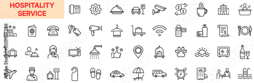 Hospitality Service and Hotel Amenities Line Icon Design Featuring Room Keys, Bell Services, Bathtubs, Coffee Cups, Staff Reception, Hotel Buildings, Spa Showers, WiFi Access, Shampoo Bottles