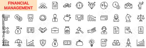 Financial Management and Budget Planning Line Icon Design Featuring Dollar Coins, Bank Statements, Safe Boxes, Piggy Banks, Growth Charts, Credit Cards, Investment Portfolios, Handshake Deals, Tax Doc