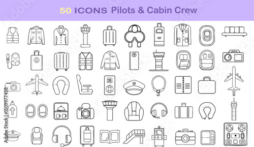 Collection of icons representing pilots and cabin crew, featuring uniforms, luggage, and aviation equipment, perfect for travel themes