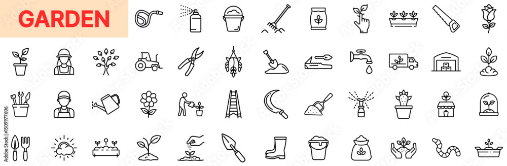 Fototapeta premium Garden and Horticulture Equipment Line Icon Design Featuring Watering Cans, Shovels, Seedlings, Pruners, Flower Pots, Fertilizer Bags, Gardening Boots, Sprayers, Rakes, Tractors, Hoses, and Harvest To