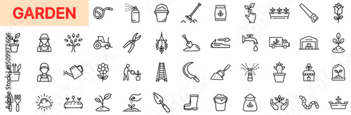 Garden and Horticulture Equipment Line Icon Design Featuring Watering Cans, Shovels, Seedlings, Pruners, Flower Pots, Fertilizer Bags, Gardening Boots, Sprayers, Rakes, Tractors, Hoses, and Harvest To