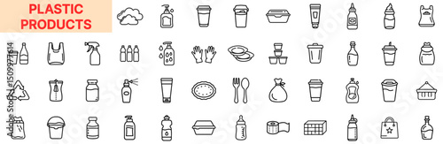 Plastic Products and Household Items Line Icon Design Featuring Bottles, Tubes, Cups, Bags, Cutlery, Cleaning Sprays, Containers, Soap Dispensers, Gloves, Plates, Food Wraps, and Storage Baskets