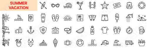 Summer Vacation and Beach Holiday Line Icon Design Featuring Sunglasses, Ice Cream Cones, Swimsuits, Flip-Flops, Sunscreen, Water Bottles, Beach Balls, Tropical Drinks, Umbrellas, Sandcastles, and Tra