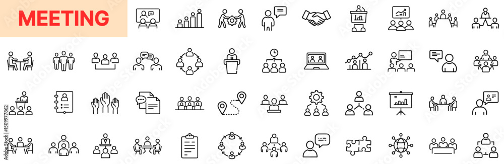 Fototapeta premium Meeting and Conference Communication Line Icon Design Featuring Team Discussions, Group Presentations, Office Briefings, Speaker Panels, Planning Boards, Remote Calls, Agenda Files, and Business