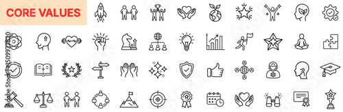 Core Values Integrity Ethics Growth Respect Leadership Honesty Responsibility Empathy Teamwork Trust Loyalty Diversity Ambition Line Icon Design