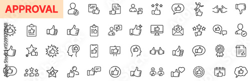 Approval Icons Featuring Thumbs Up, Reviews, Endorsements, Ratings, Verified Documents, and Positive Feedback Elements in Outline Line Icon Design