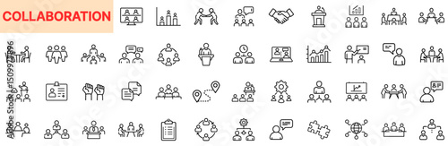 Collaboration and Team Communication Line Icon Design Featuring Group Meetings, Handshakes, Work Discussions, Strategy Planning, People Interaction, Office Teamwork, Conference Calls, and Cooperative 