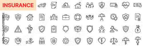 Insurance Icons Covering Life, Health, Property, Vehicle, Legal Protection, Financial Security, and Risk Management in Outline Line Icon Design