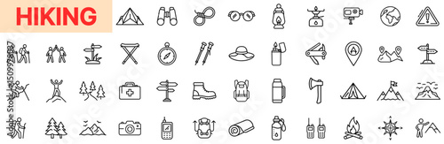 Hiking Icons Featuring Outdoor Gear, Mountain Trails, Navigation Tools, Safety Equipment, Nature Exploration, and Camping Essentials in Outline Line Icon Design