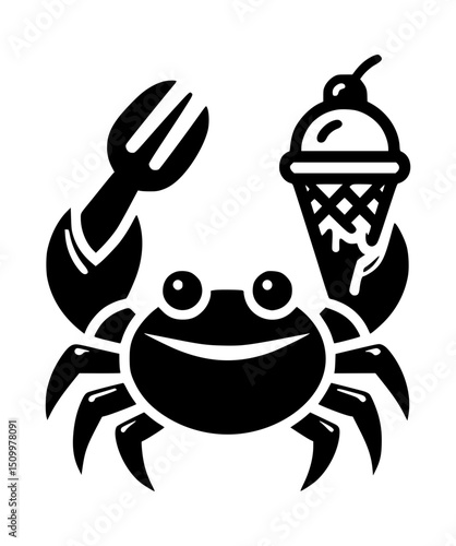 Crab Holding Ice Cream Black White Icon