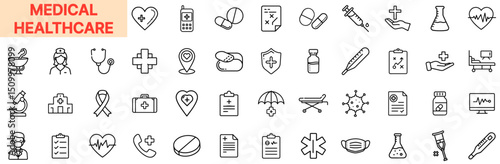 Medical Healthcare Icons Featuring Doctors, Pills, Syringes, Heartbeat Monitors, Emergency Services, and Lab Equipment in Outline Line Icon Design