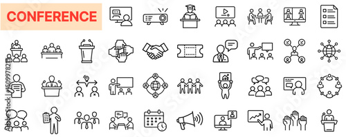 Conference Meeting Presentation, Public Speaking, Business Seminar, Group Discussion, and Virtual Networking in Professional Outline Line Icon Design