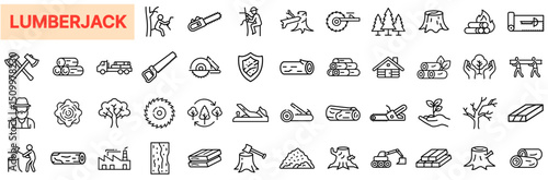 Lumberjack Forestry Tools, Tree Cutting Equipment, Timber Logs, Wood Processing, and Logging Industry Outline Line Icon Design