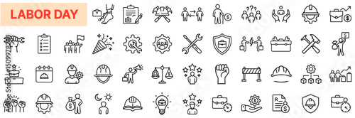 Labor Day Celebration, Workers Rights, Union Symbols, Construction Tools, and Employment Justice Elements in Professional Outline Line Icon Design