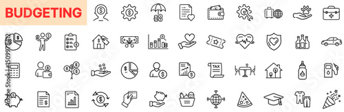 Budgeting and Expense Planning Line Icon Design Featuring Financial Charts, Wallets, Pie Graphs, Cost Allocation, Tax Documents, Savings Goals, Money Management Tools, and Daily Spending Trackers