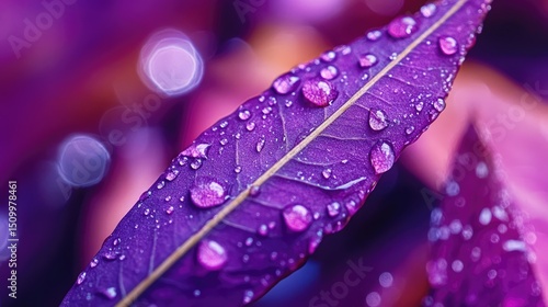 Vibrant purple leaf with water droplets, bokeh background