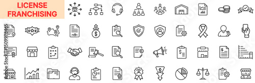 License and Franchising Line Icon Design Featuring Legal Documents, Storefronts, Business Contracts, Certifications, Partnership Agreements, Regulatory Badges, Franchise Locations, and Official Seals
