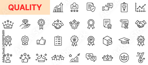 Quality Assurance and Excellence Line Icon Design Featuring Stars, Medals, Certificates, Ratings, Awards, Thumbs Up, Crowns, Performance Charts, Badges, and Top Standard Achievement Symbols