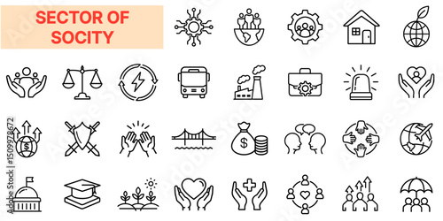 Sectors of Society Line Icon Design Featuring Education, Healthcare, Justice, Economy, Environment, Infrastructure, Welfare, Industry, Culture, Public Safety, Social Inclusion, and Community Developme