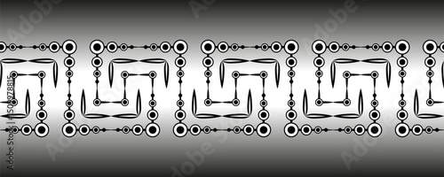 Monochrome abstract zigzag seamless border. Black circles and parallel perpendicular lines. Black complex geometry shapes on gradient background. Clear strict ornament