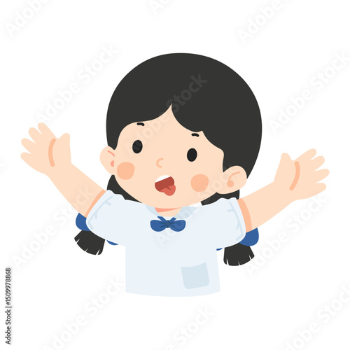 Illustration of Cheerful Schoolgirl with Hands Up