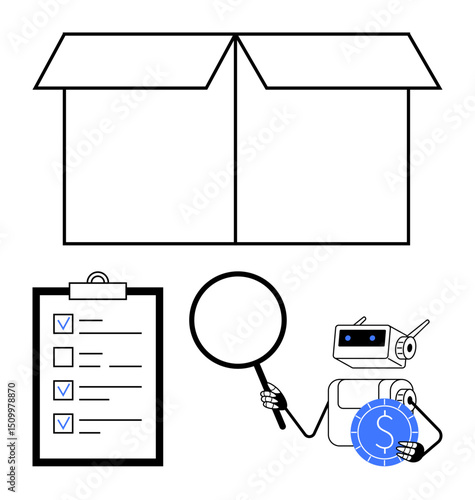 Robot inspects checklist with magnifying glass, an open box overhead, coin symbolizing finance. Ideal for automation, logistics, AI, analysis, productivity technology economy. Flat simple metaphor