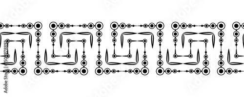 Monochrome abstract zigzag seamless border. Black circles and parallel perpendicular lines. Black complex geometry shapes on white background. Clear strict ornament