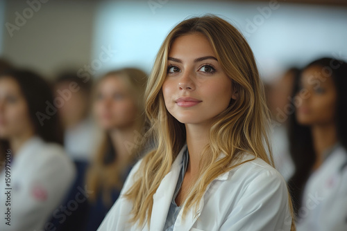 Wallpaper Mural Medical students wearing lab coats, listening intently to instructor in modern lecture hall hall lecture modern in instructor. update Torontodigital.ca