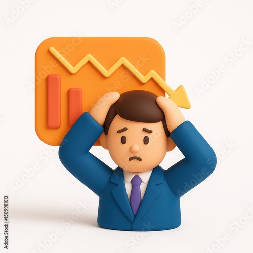 Worried Businessman with Declining Graph 3D Illustration