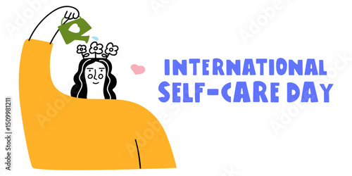 International self-care day. The girl is taking care of her mental health. Banner. Vector illustration on white background.