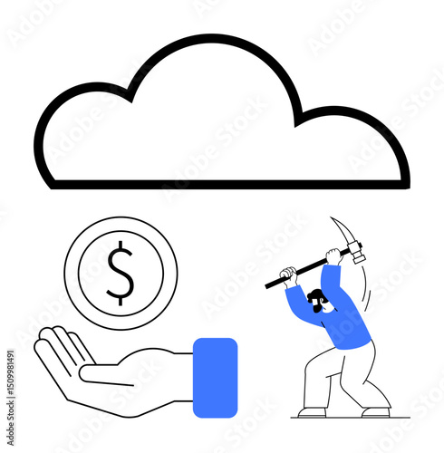 Cloud outline with worker mining using pickaxe, hand holding coin. Ideal for technology, finance, cryptocurrency, data mining, digital economy, cloud services, simple landing page