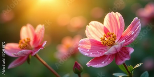 Golden Hour Dewdrops on Pink Petals A Close-Up of Blooming Flowers Basking in the Warm Sunset Light