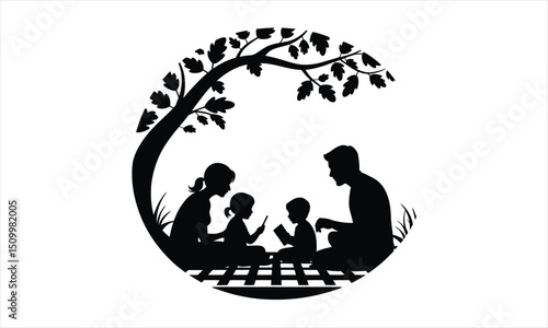Family silhouette underneath tree reading book