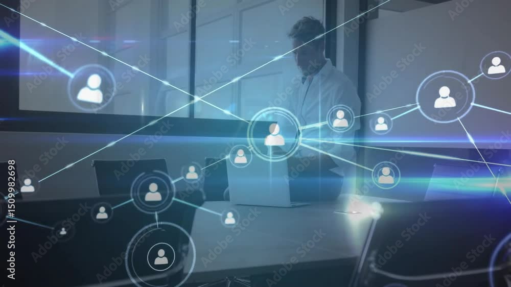 Executive typing on laptop in conference room spawning nodes filling room illustrating networking Executive typing on laptop in conference room spawning nodes filling room illustrating networking