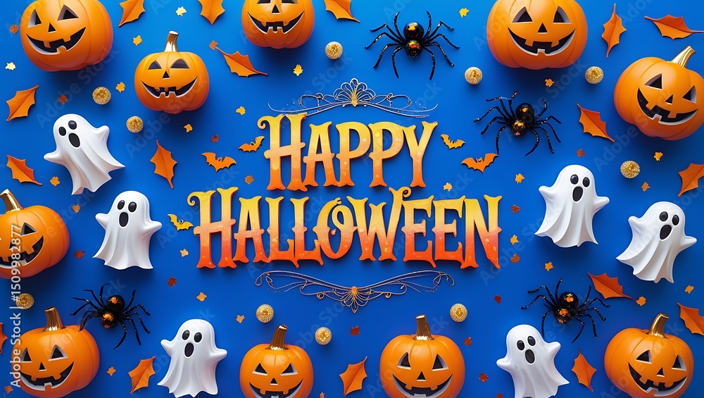 Festive Halloween Background with Pumpkins Ghosts Spiders and Happy Halloween Text Festive Halloween Background with Pumpkins Ghosts Spiders and Happy Halloween Text